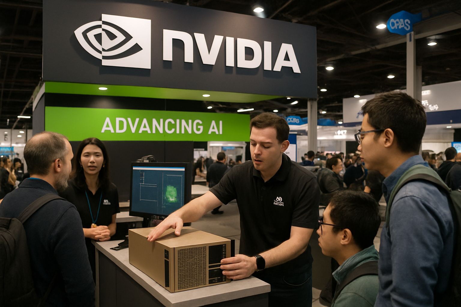 Nvidia booth at CES Trade Show highlighting new AI hardware and technologies.