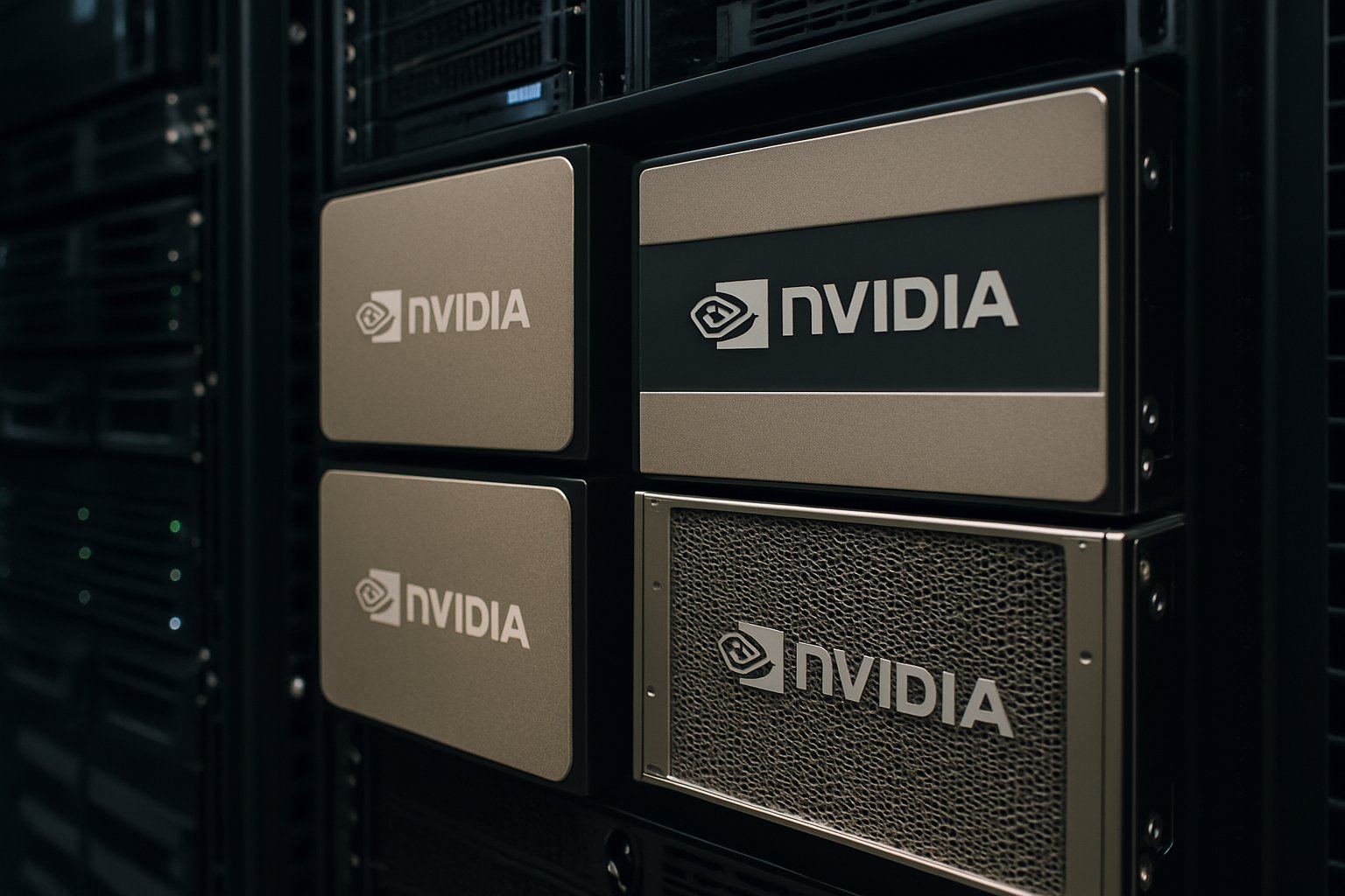 Nvidia GPUs and servers in a modern data center with prominent Nvidia logo.