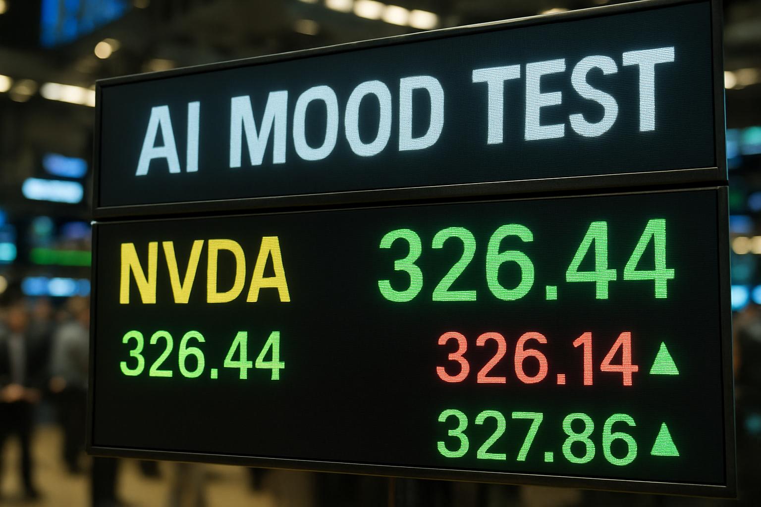 Nvidia stock ticker with AI Mood Test headline on digital market display.