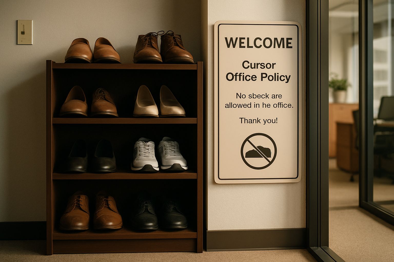 Entrance shoe rack illustrating Cursor Office Policy with organized office shoes.