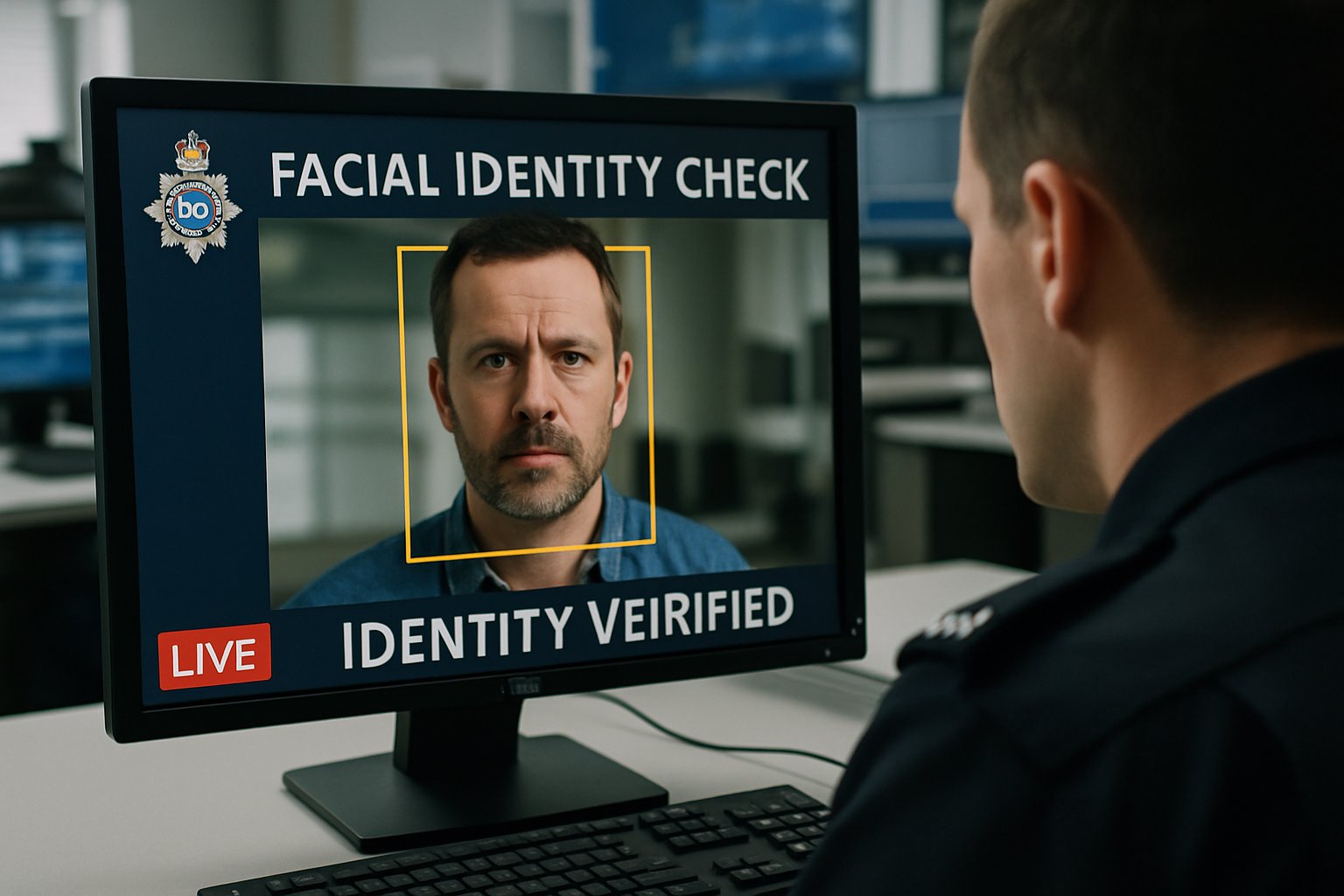 Facial Identity Check system monitored by police officer in operations room.