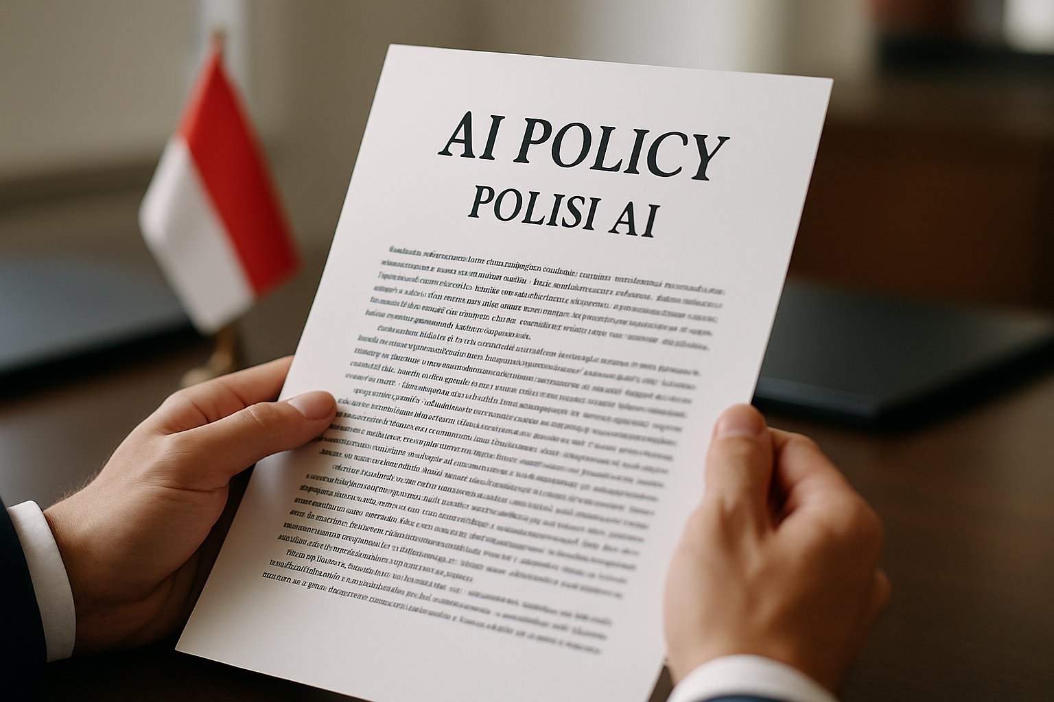Legal document featuring AI Policy guidelines in professional Indonesian office.