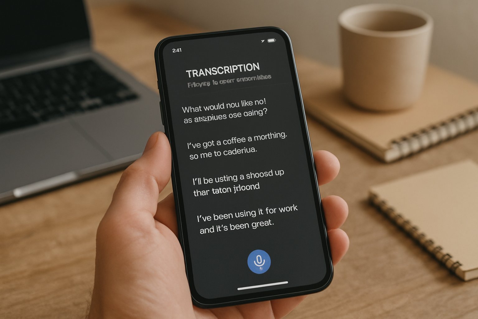 Mistral Speech Model on smartphone delivering accurate on-device transcription.