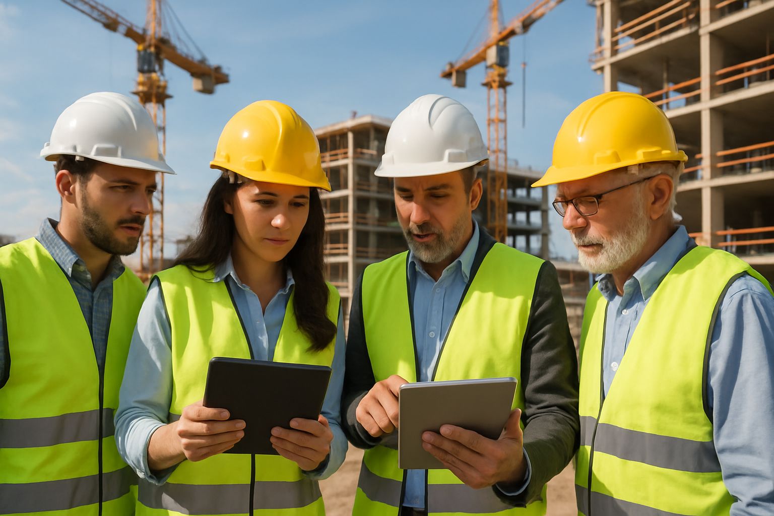 Building Project Coordination at an active construction site with team using digital tablets