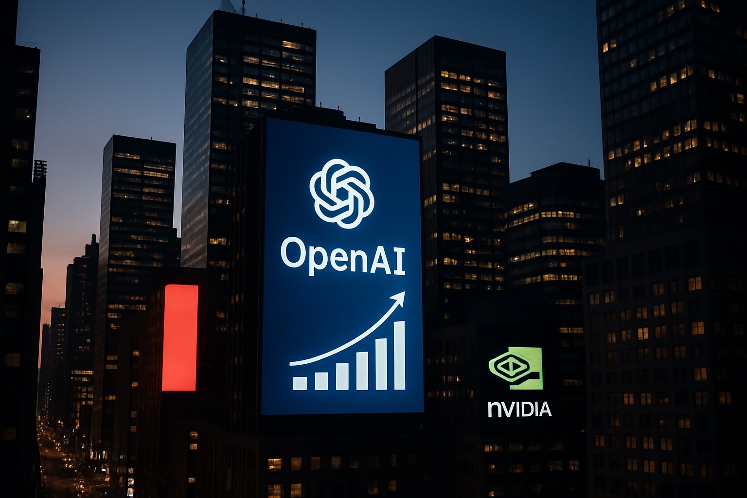 City billboards highlight OpenAI Funding Surge and Nvidia’s investment for AI infrastructure.