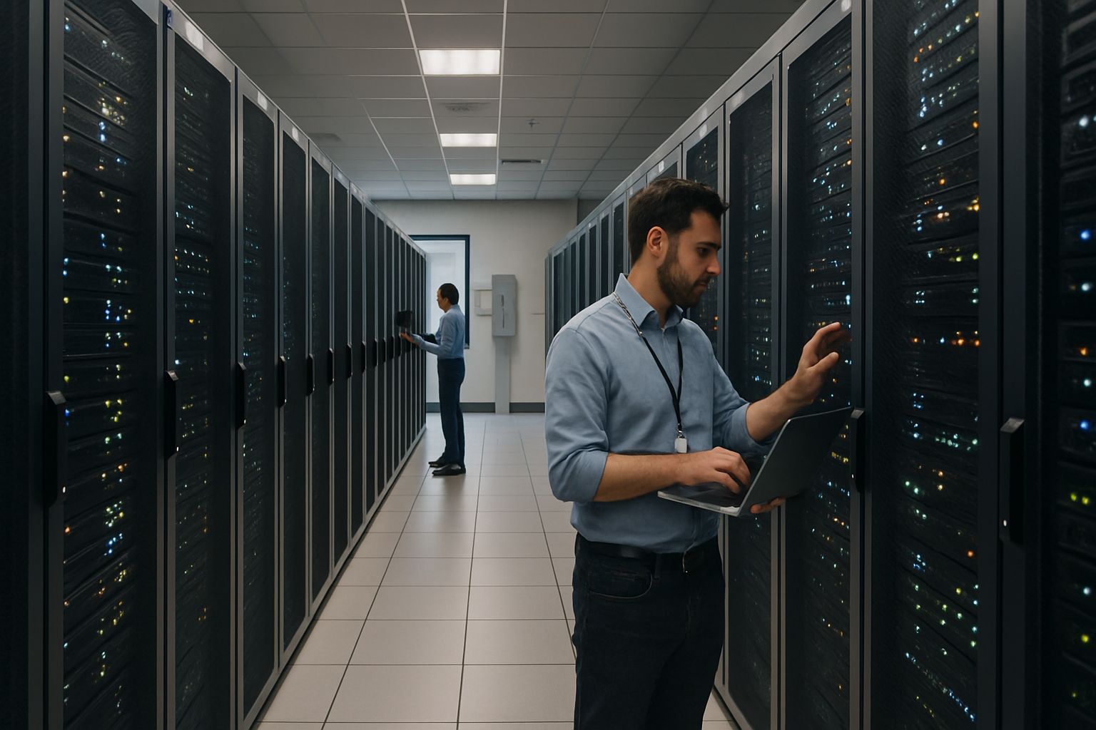 Technicians working in a data center focused on cloud infrastructure intensity.