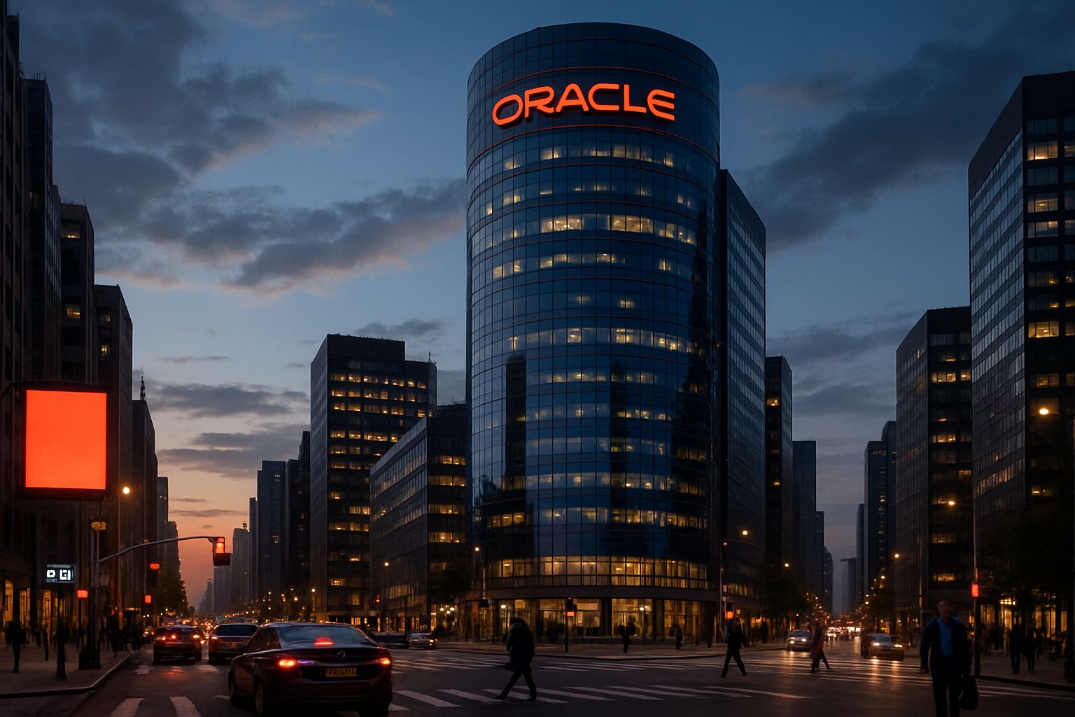 Oracle headquarters illuminated at dusk with cloud formations above highlighting cloud computing.