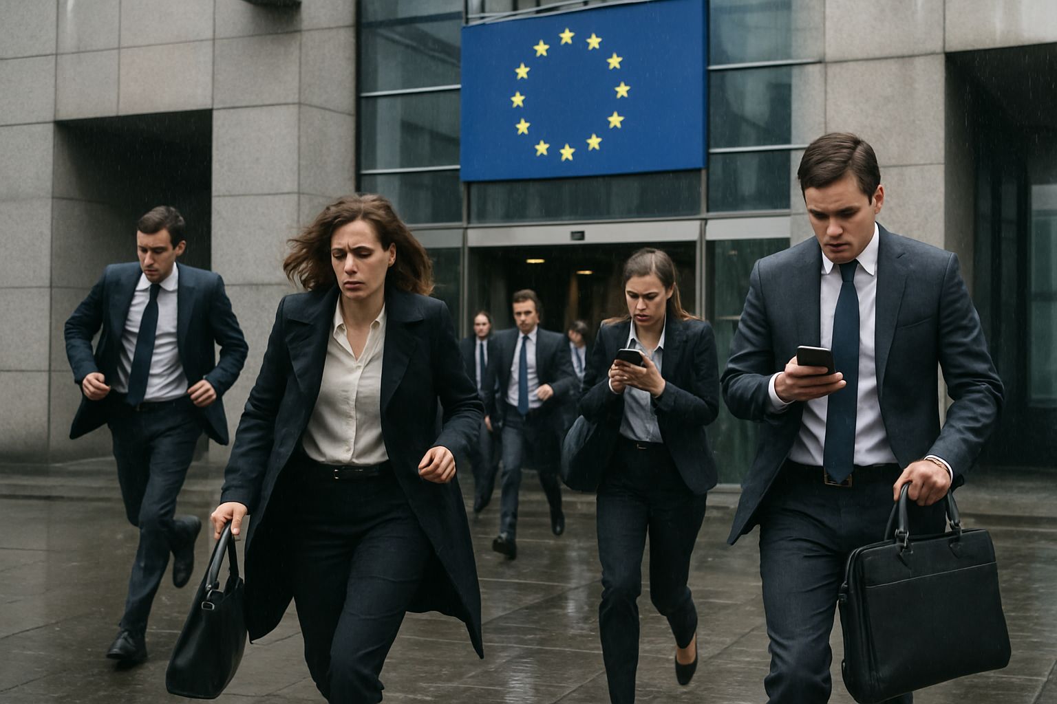 People leaving EU building showing Regulatory Compliance Failure aftermath.