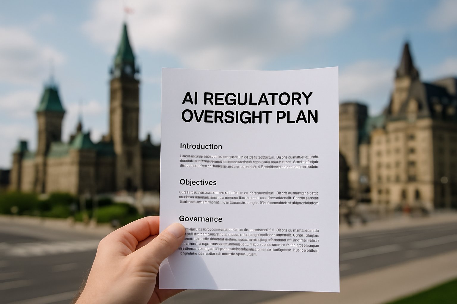 AI Regulatory Oversight Plan document held in Canadian city backdrop
