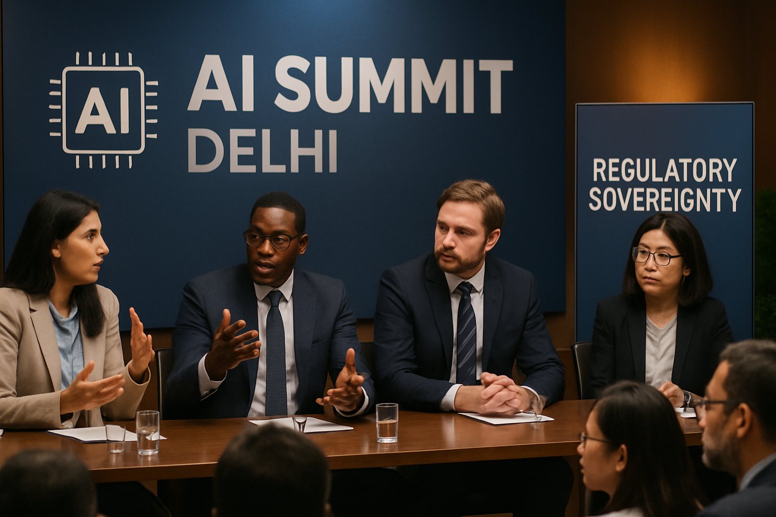 Panel of experts at Delhi AI Summit discussing Regulatory Sovereignty issues on stage.