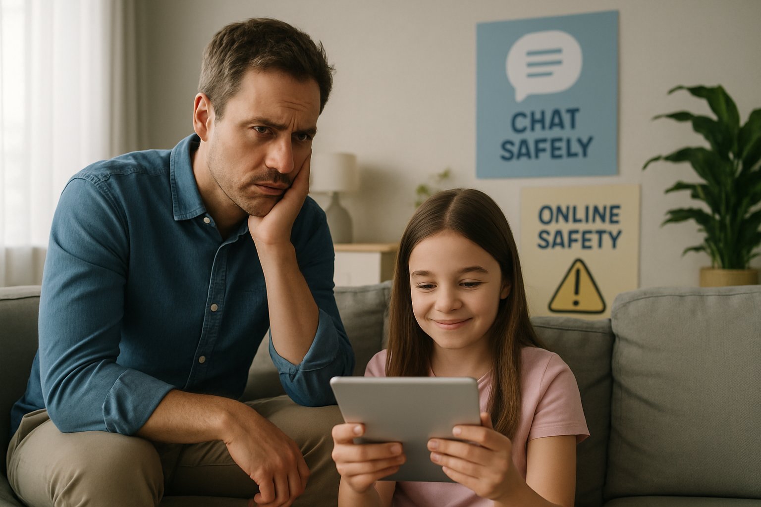 Child Safety Crackdown visual showing a parent monitoring a child’s chatbot use.