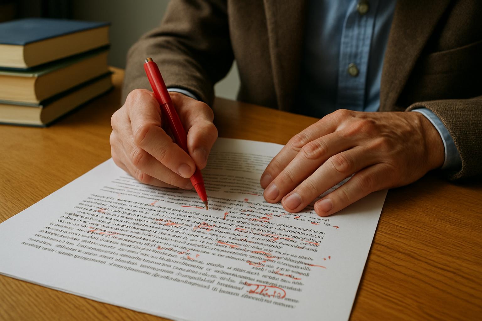 Professor editing a manuscript and reviewing Academic Ethics with handwritten notes.