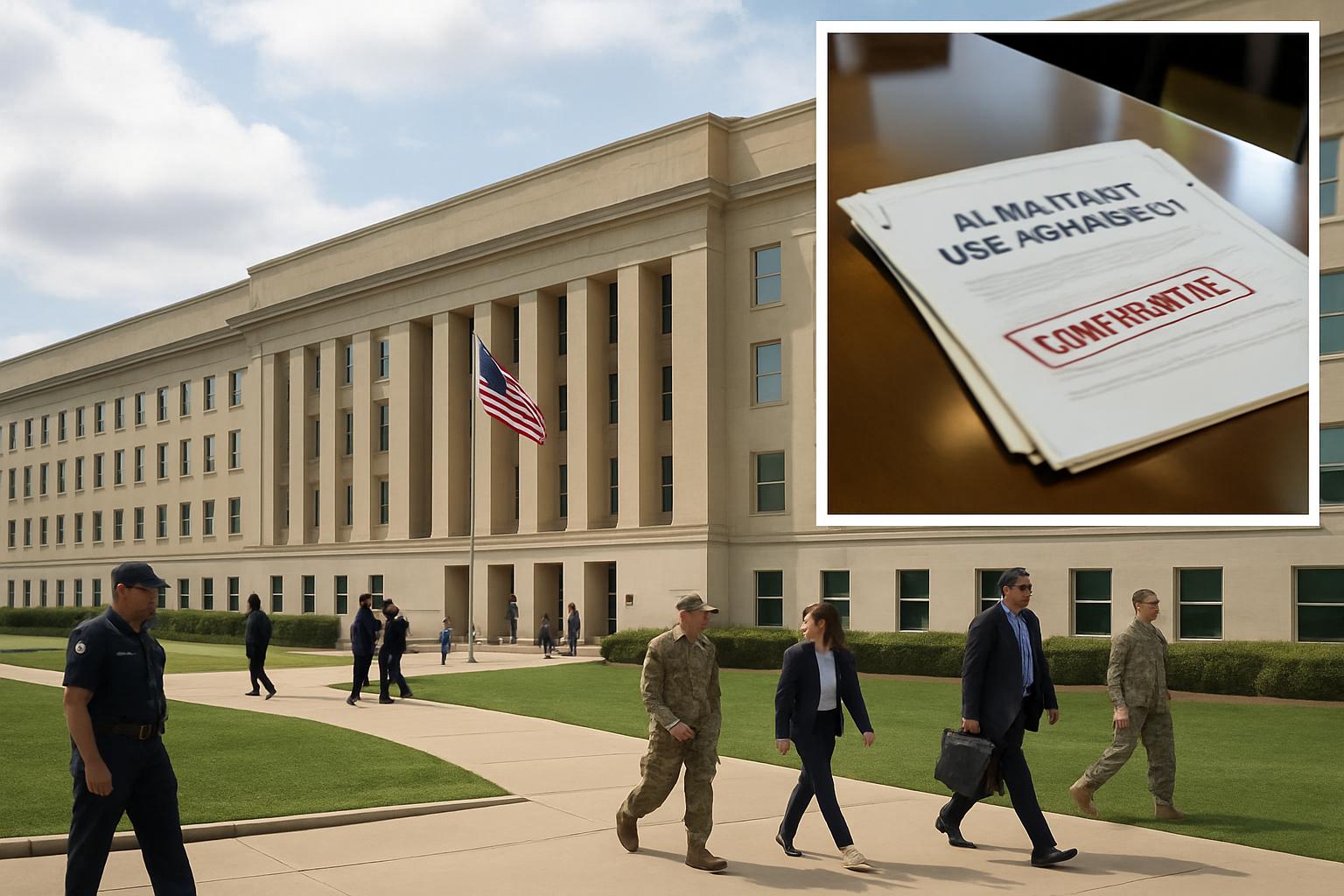 Exterior view of Pentagon with confidential AI Military Use agreement documents inside.
