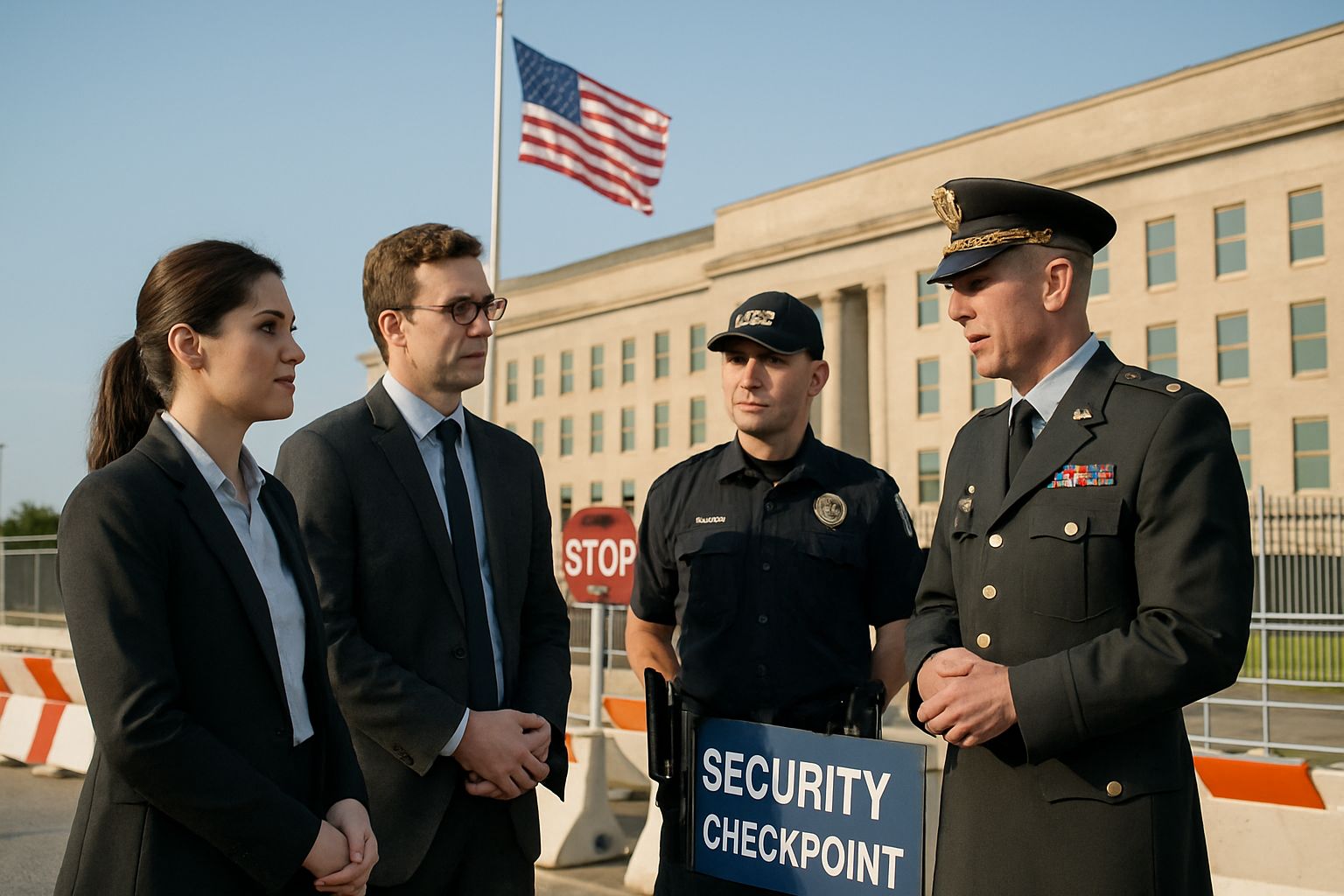 Anthropic representatives and Pentagon officials discuss AI Ethical Guardrails outside building.