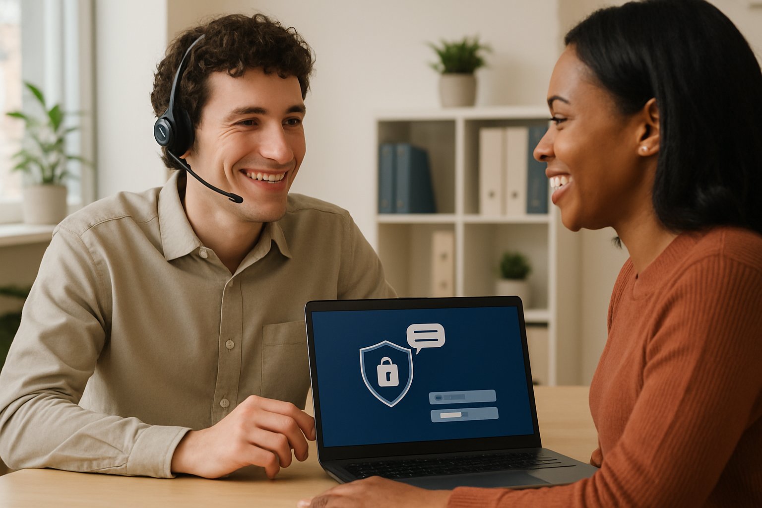 Support agent assisting client, emphasizing Customer Experience improvement.