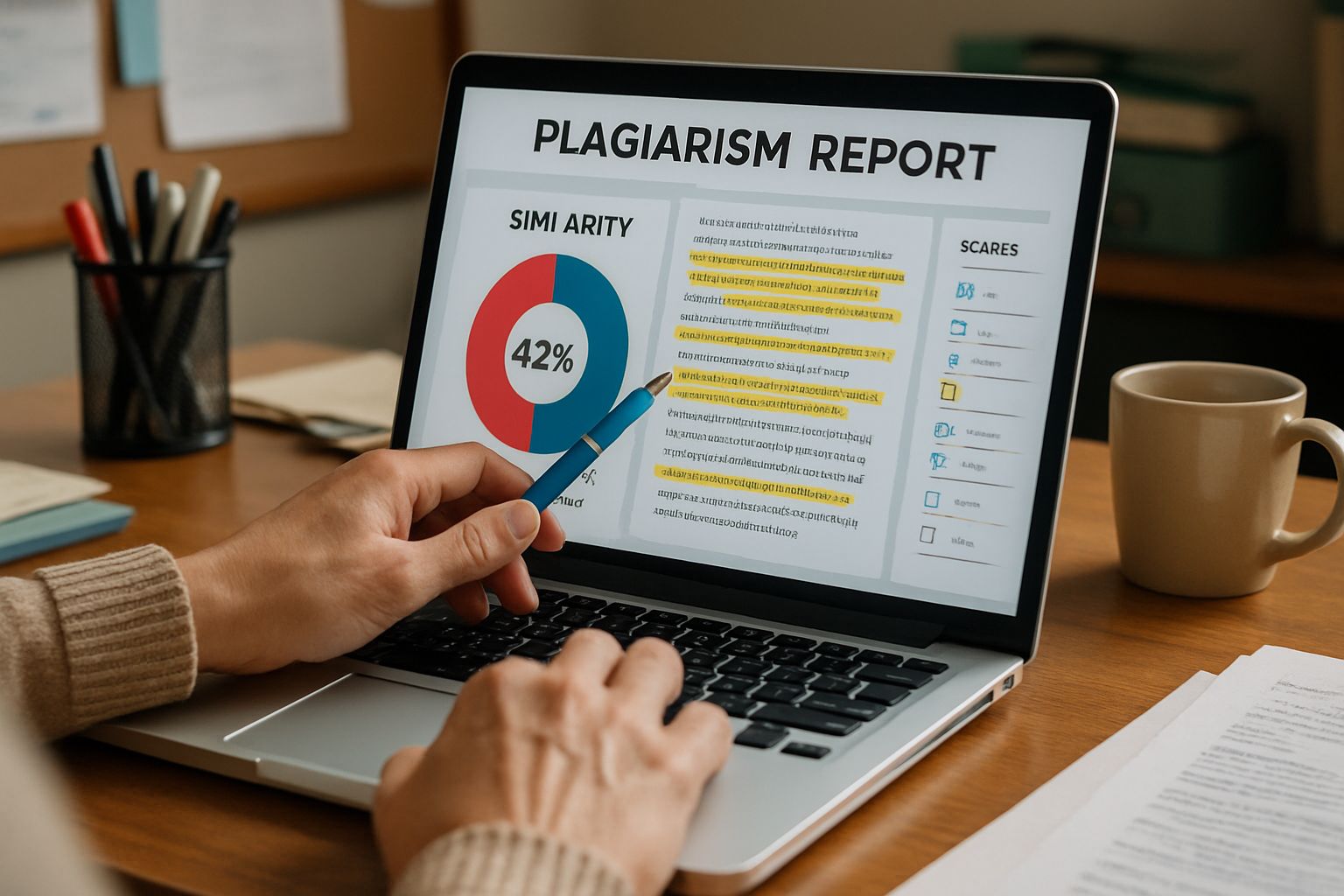 AI Educator using a plagiarism detection tool on a laptop in an academic setting.