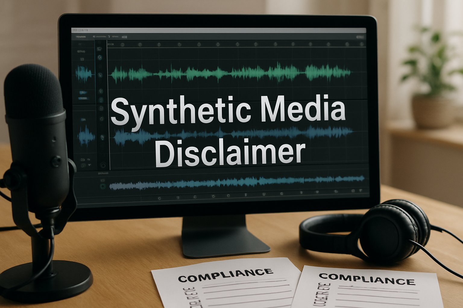 Podcast workstation showing Synthetic Media disclaimer label and compliance checklist.