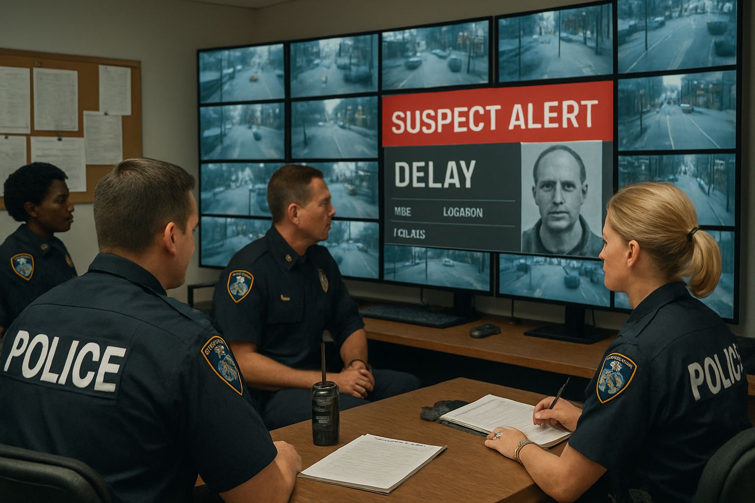 Police officers monitor Suspect Alert Delay updates at a real police station.