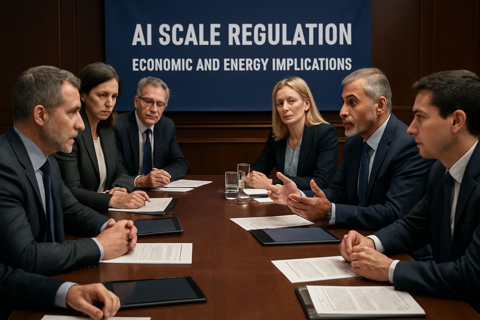 Policy leaders discussing AI Scale Regulation in a meeting.