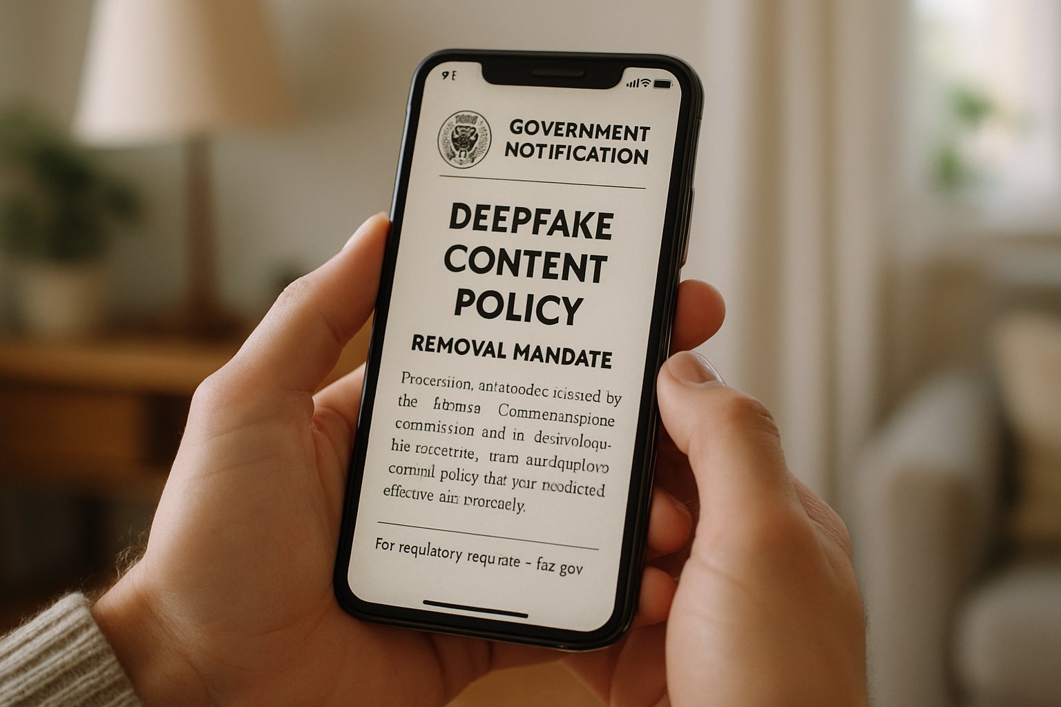Smartphone screen showing Deepfake Content Policy removal notification