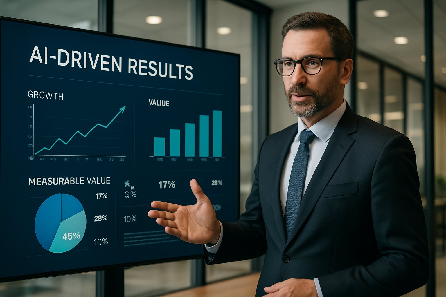 Executive presenting AI-driven results showing Enterprise AI Leadership in a boardroom.