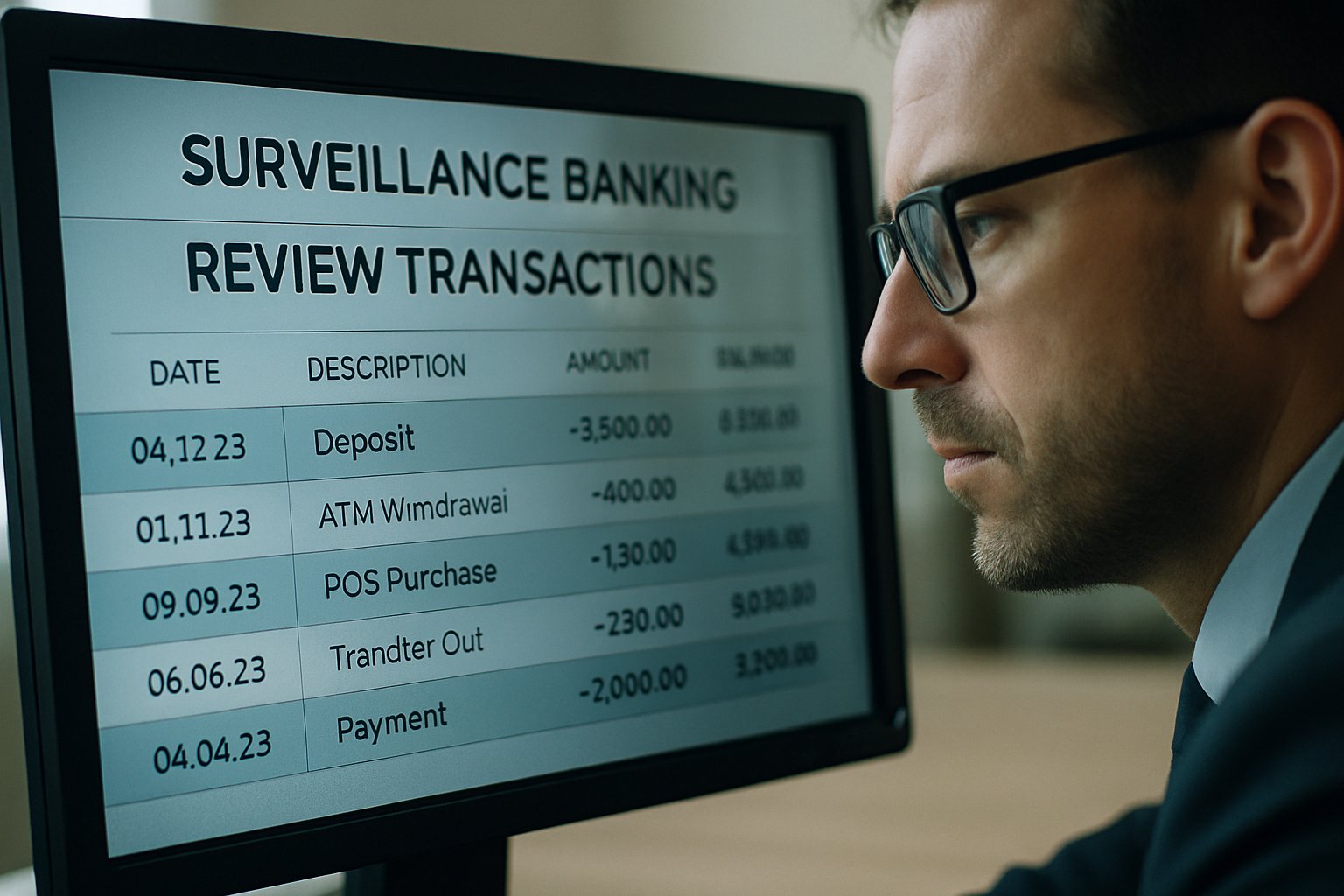 Surveillance Banking privacy review of financial transactions on a computer screen.