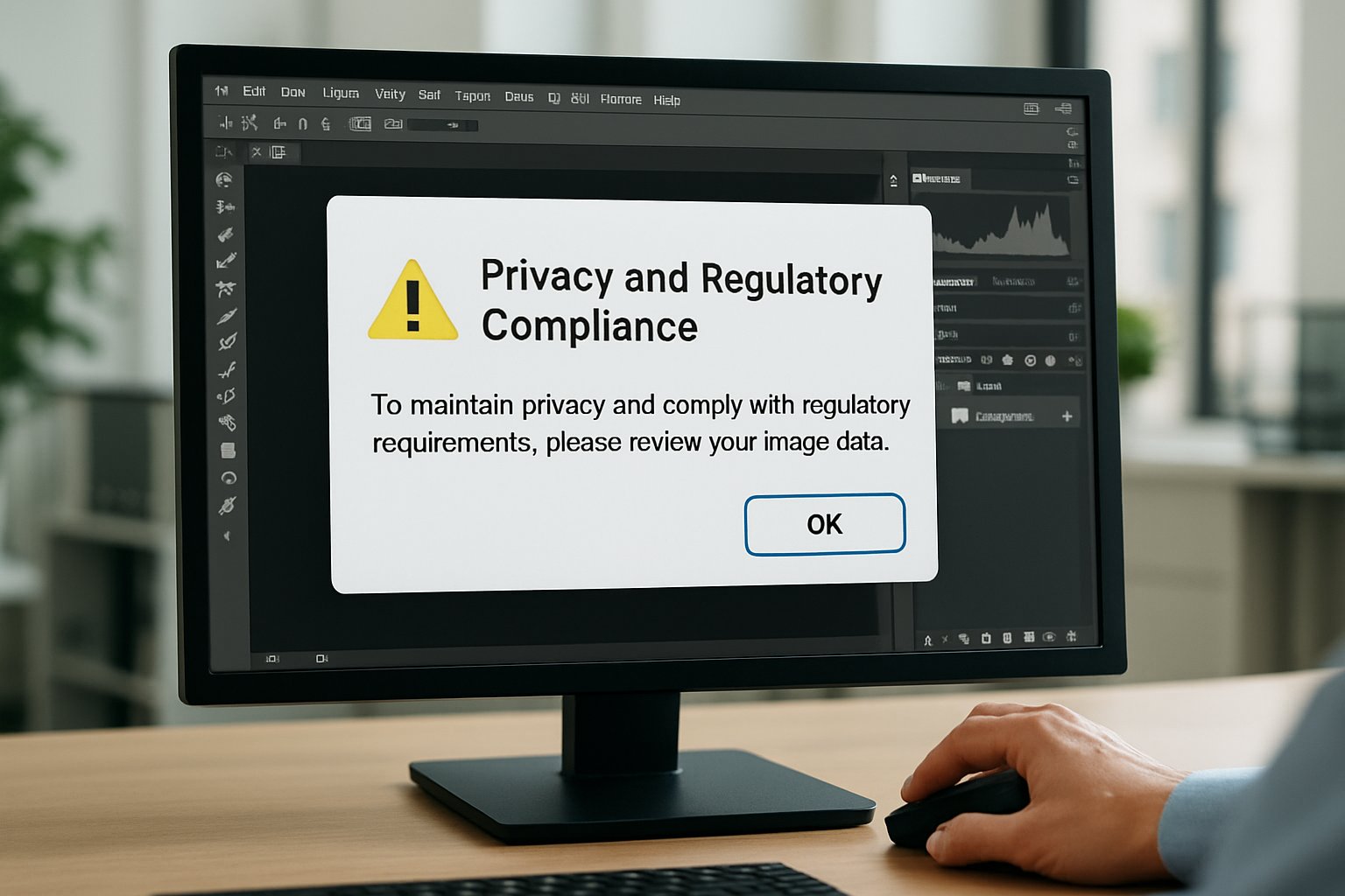 Computer screen alerts user about Global Imagery Privacy Concerns and privacy compliance.