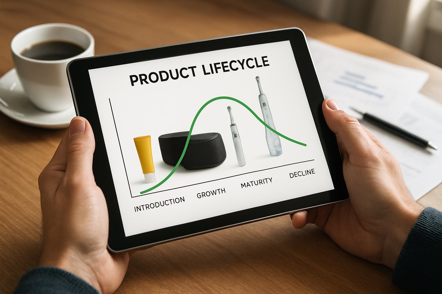 Tablet with Product Lifecycle graph used in business planning