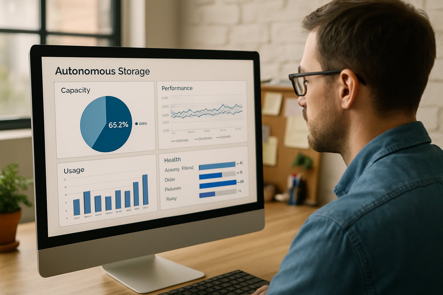 IT professional monitoring Autonomous Storage performance on computer dashboards.