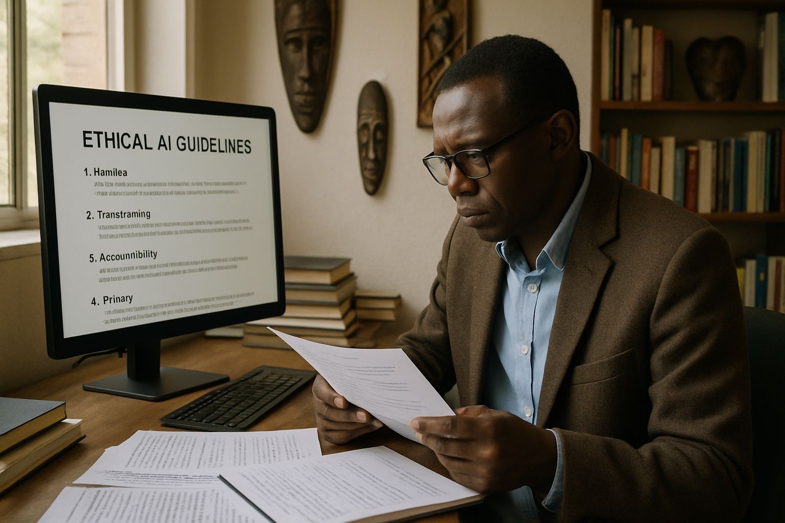 Professor ensuring AI Academic Sovereignty in African humanities research workspace.