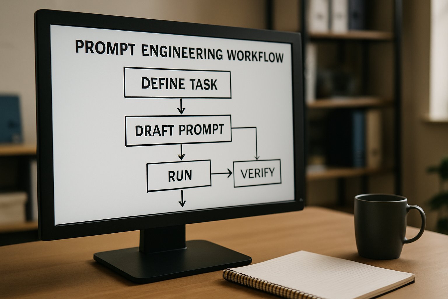 Model Prompt Engineering workflow visualized on a computer screen in an office.