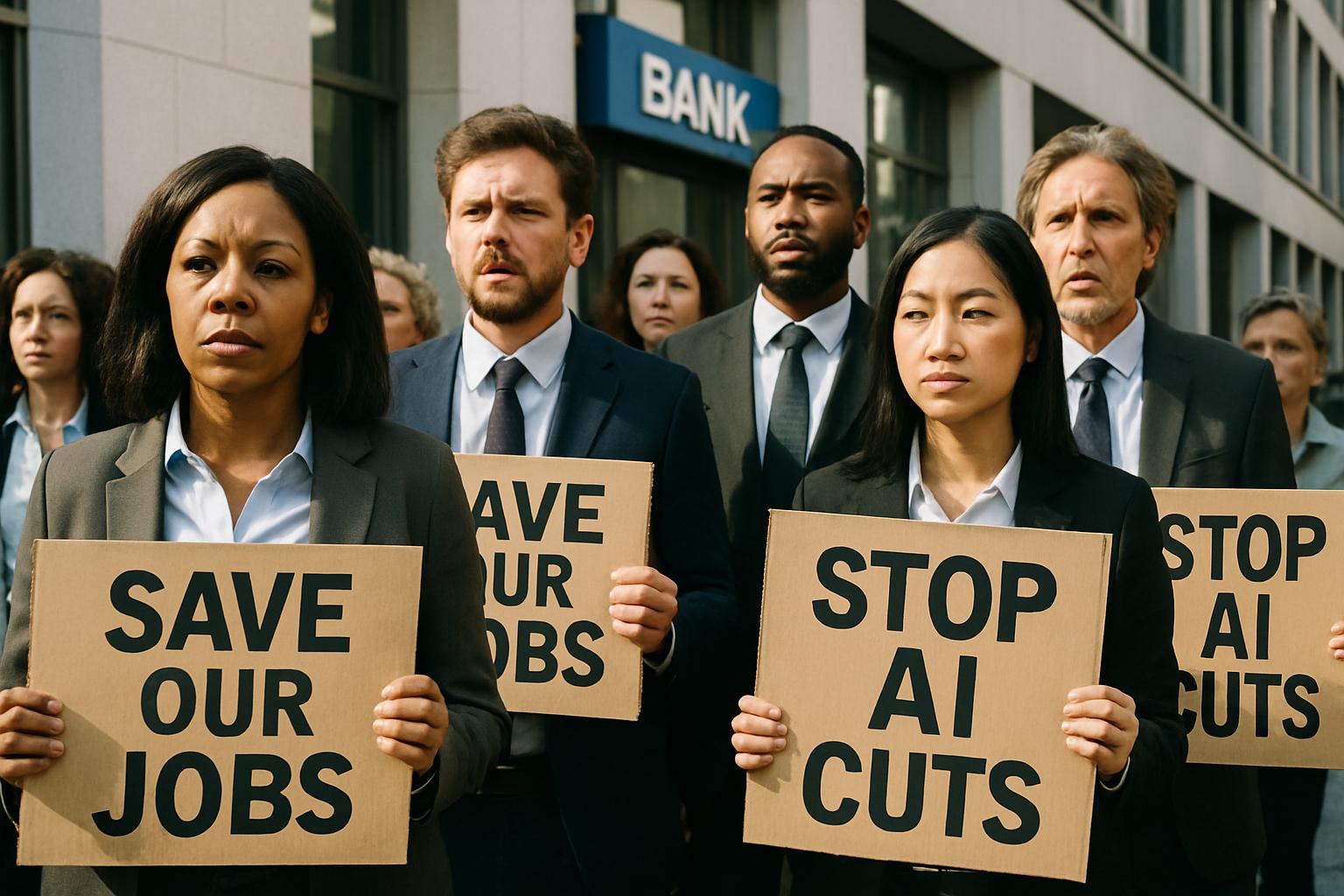 Bank workers protest against AI-related Job Displacement outside headquarters.