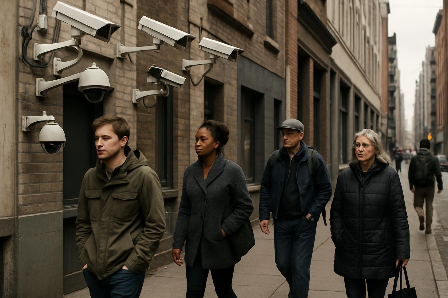 Urban scene illustrating AI Rights Violation with visible biometric surveillance cameras.