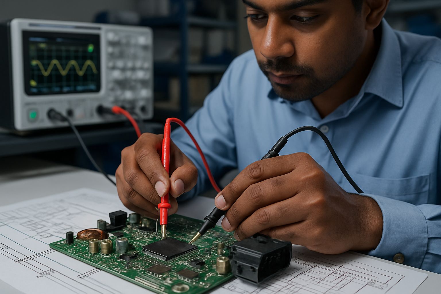 Auto Hardware technician testing advanced automotive circuit board in laboratory.