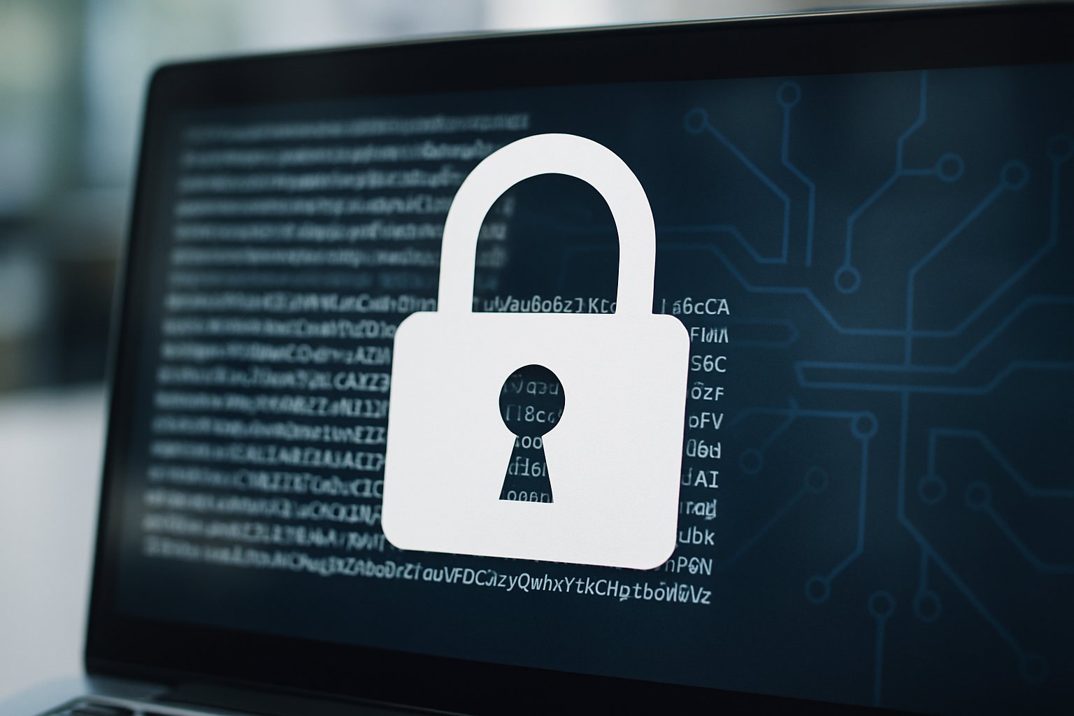 Cybersecurity Risk depicted by encrypted code and quantum motifs on screen.