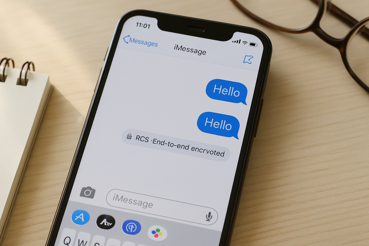 iPhone screen highlighting Beta Security with RCS encryption enabled for iMessage.