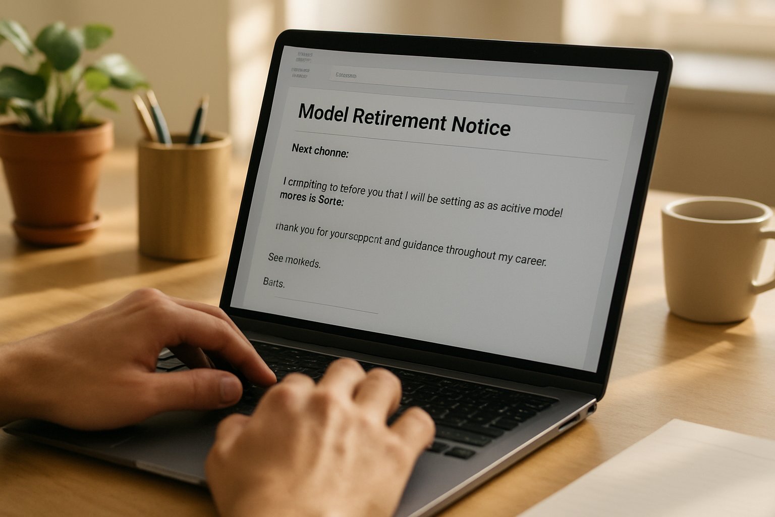 User reviewing Model Retirement notice on laptop in a bright office.
