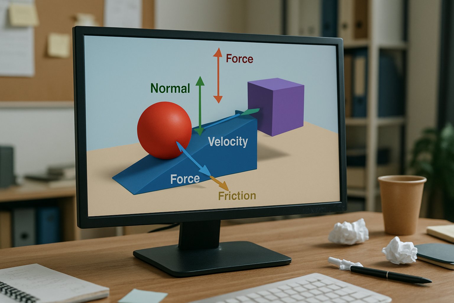 3D simulation for Physical AI Foundation on realistic office computer monitor.