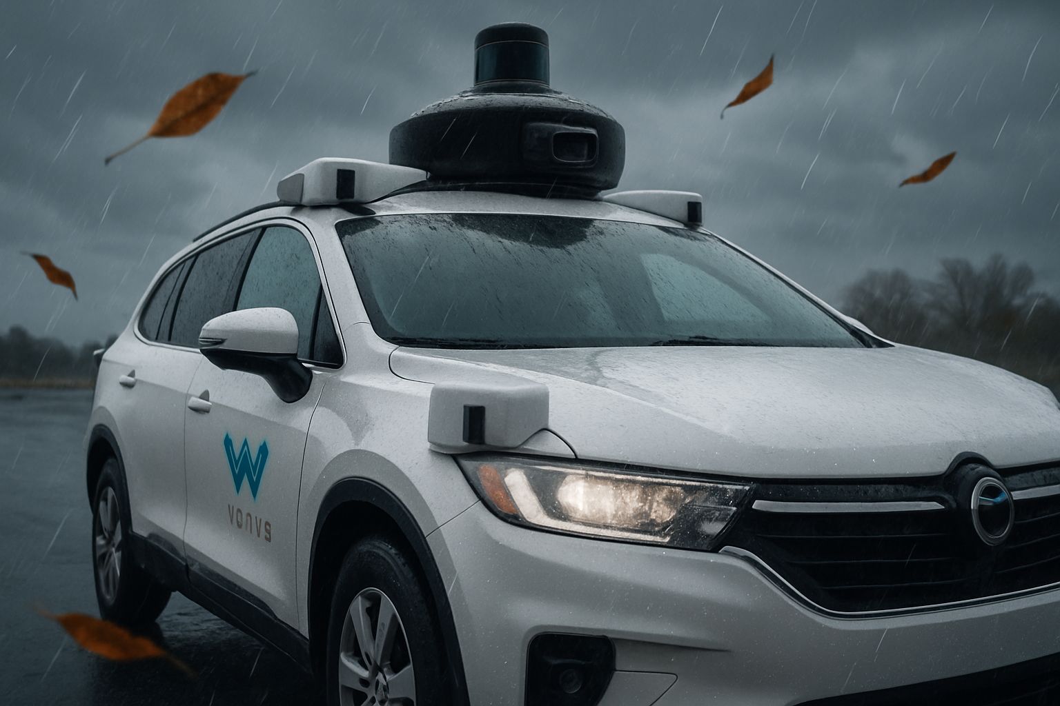 Waymo vehicle showing Vehicle Autonomy features during tornado weather simulation.
