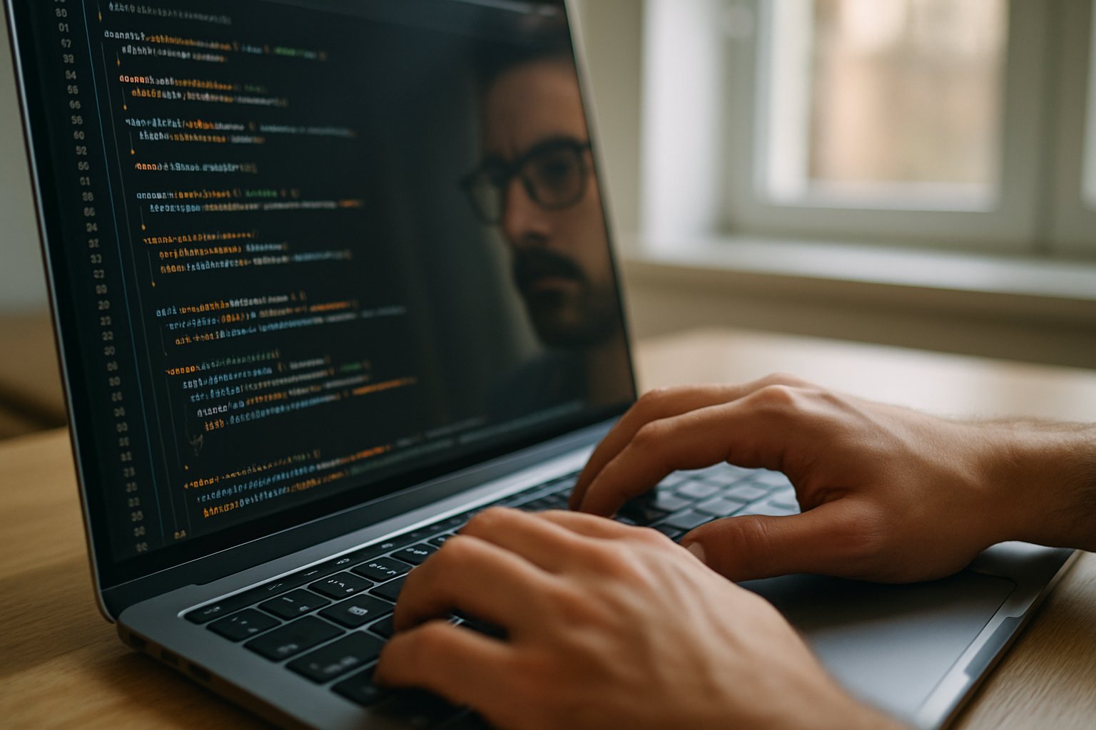 AI L&D coding scenario with realistic developer at laptop