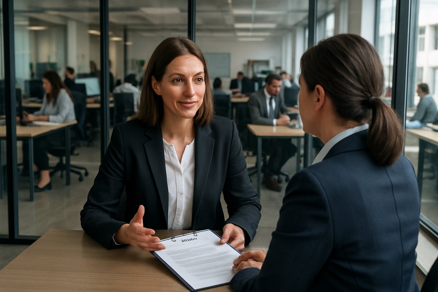 HR manager rehiring professional to rebuild workforce in modern office setting.