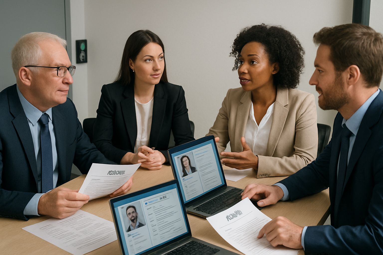 Recruitment team reviewing candidate profiles and resumes during hiring meeting