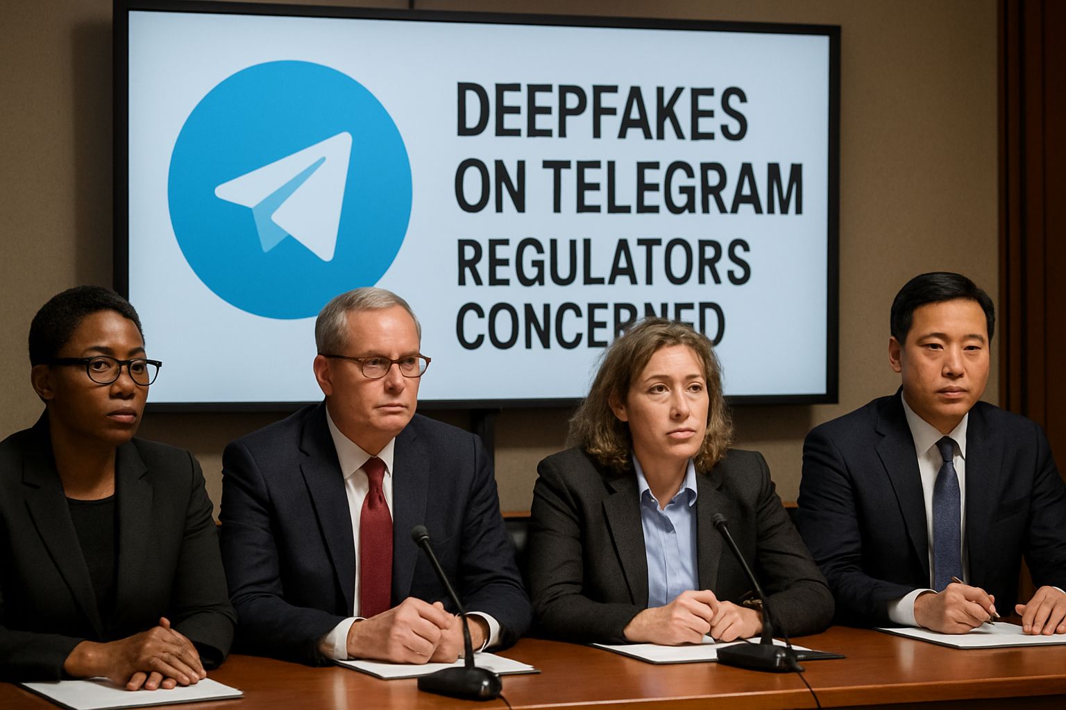 Regulators address media about the Telegram Deepfake Surge at press conference.