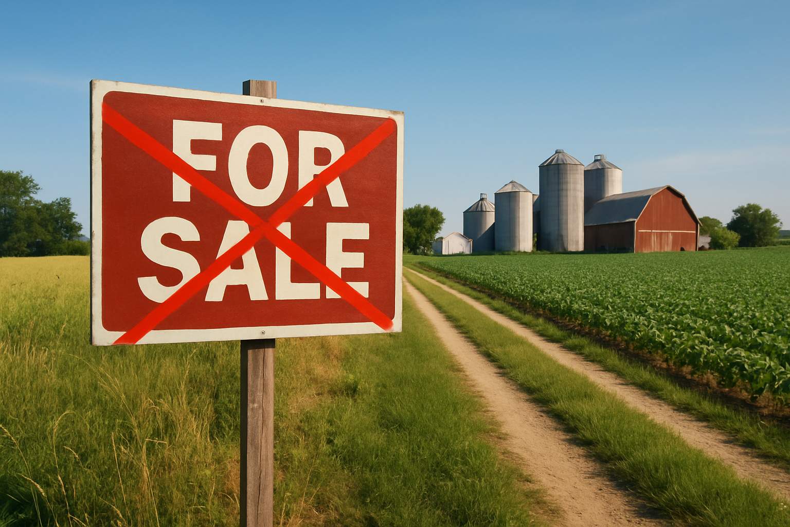 Land Bid Rejection illustrated by a crossed out for sale sign on farmland.