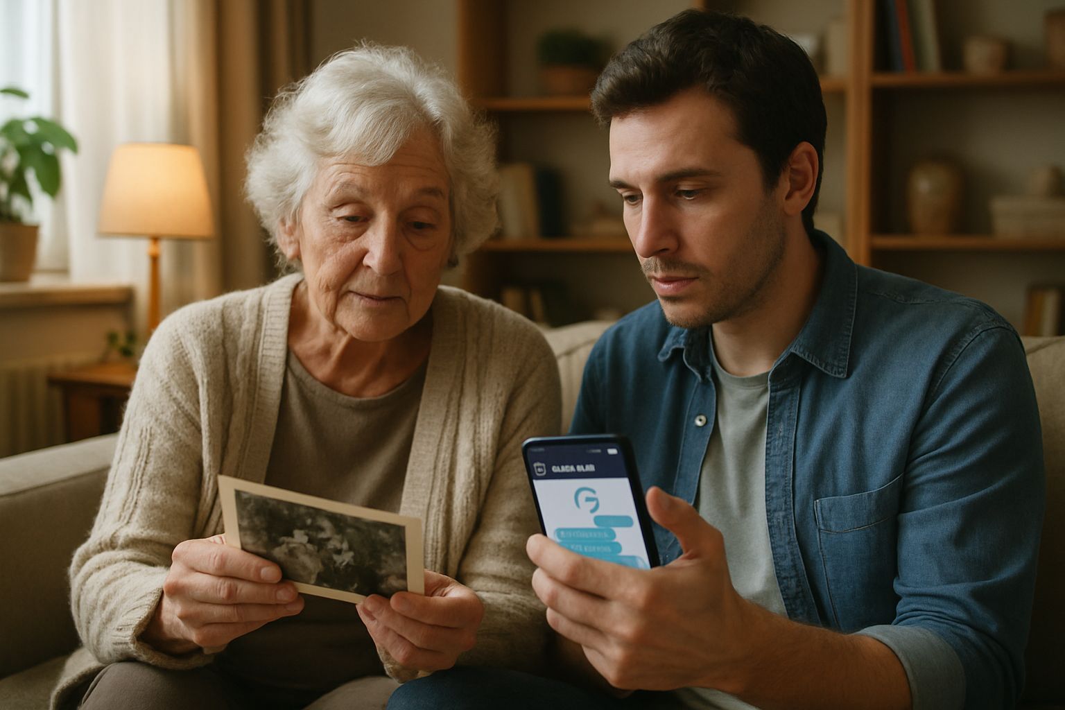 Family reviews Afterlife Social messages on smartphone in cozy living room.