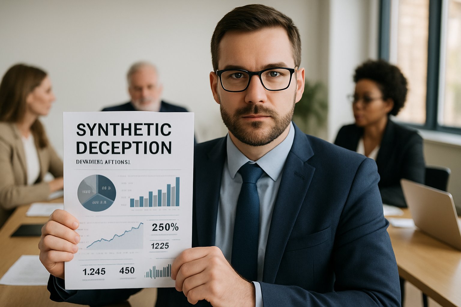 Cybersecurity expert presenting Synthetic Deception deepfake fraud report in office environment.