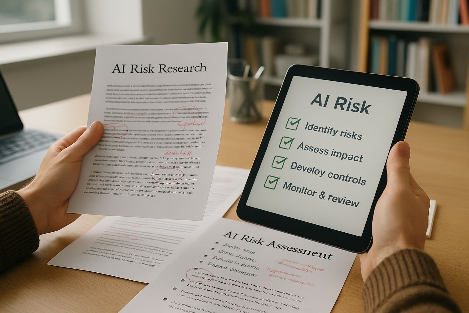 Hands reviewing research documents and AI risk checklists at MIT