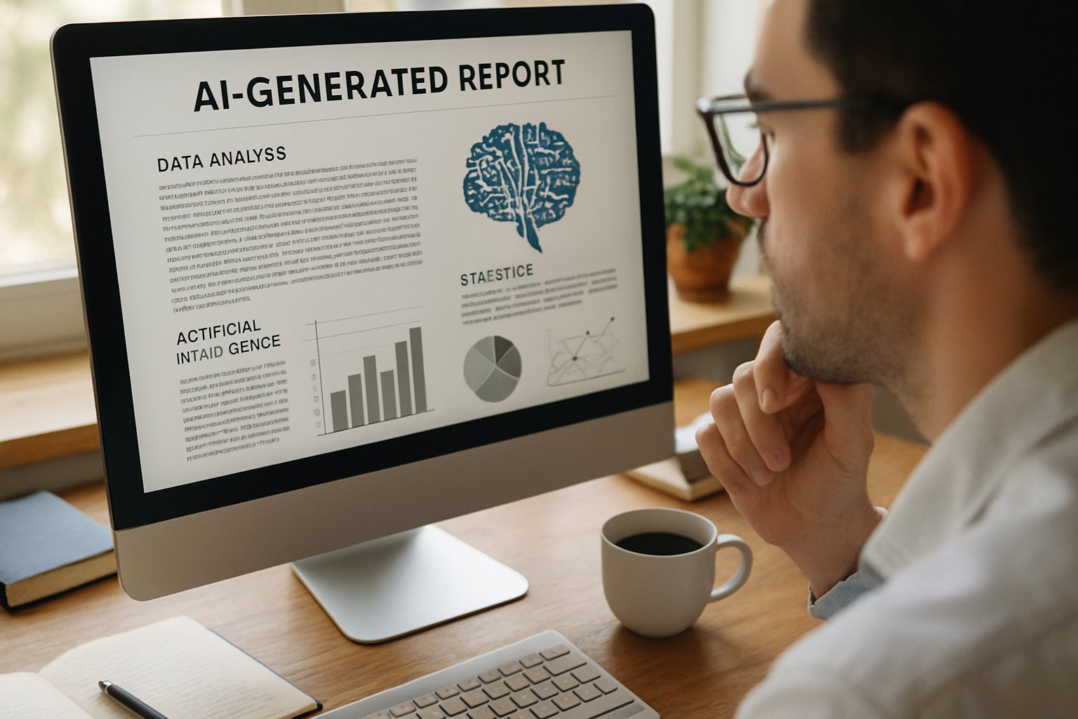 Researcher reviewing Research AI-generated report on computer screen.