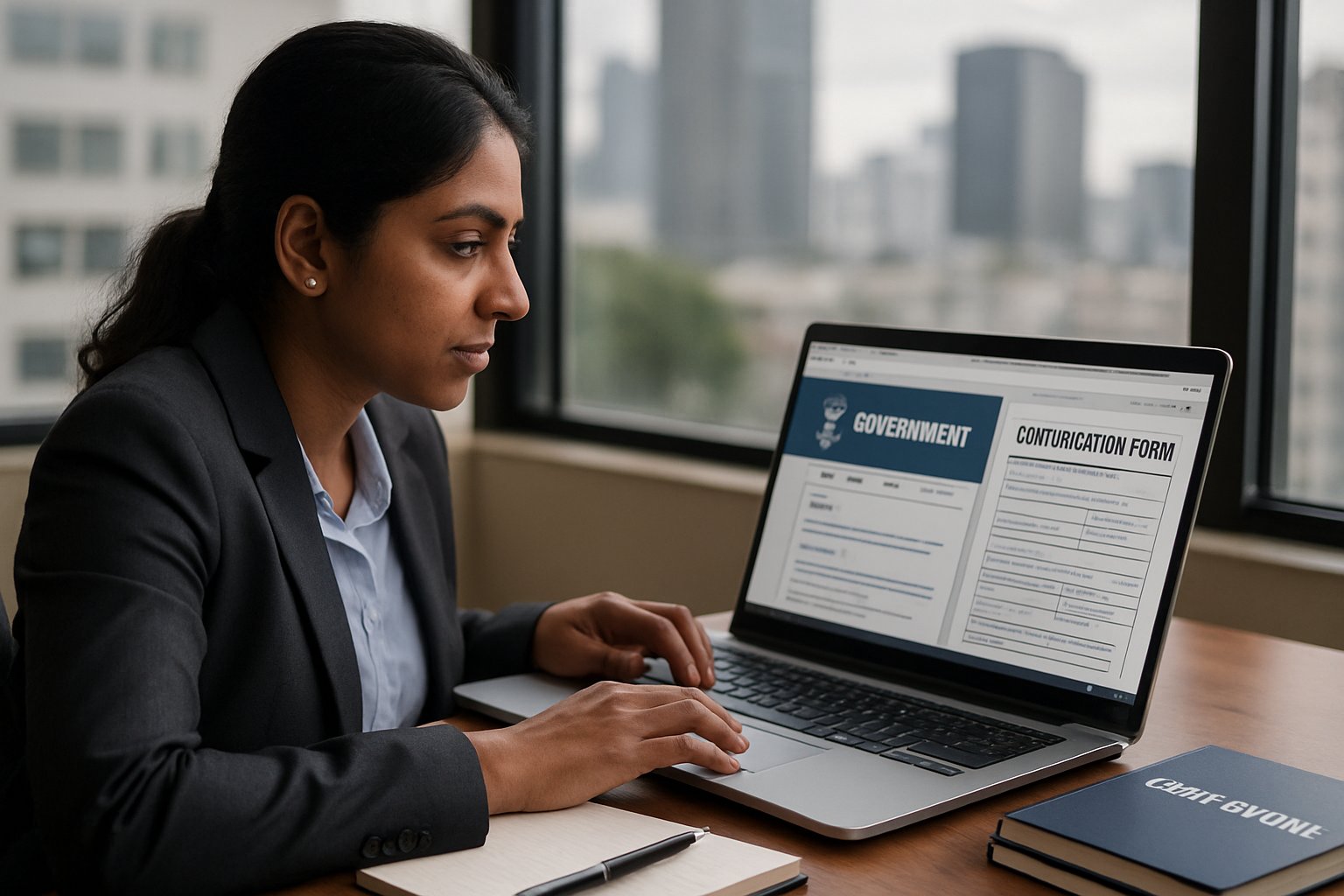Indian professional researches AI Regulatory Compliance certifications online at her desk.
