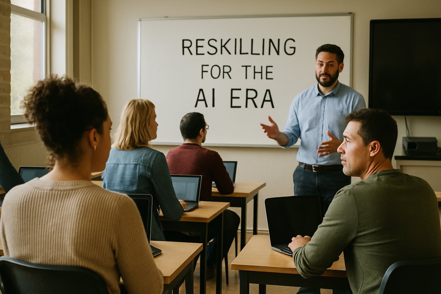 Adults in classroom learning about AI Job Displacement and reskilling.